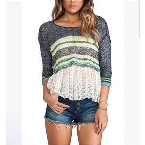 Free People Navy and White Lace Blouse with Green Accents